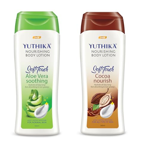 Image of Yuthika Soft Touch Cocoa Nourishing Body Lotion & Aloe Vera Soothing Body Lotion - Ultimate Hydration, Fast Absorbing, Non-Greasy Formula, Long-Lasting Moisture for All Skin Types 300ml Each