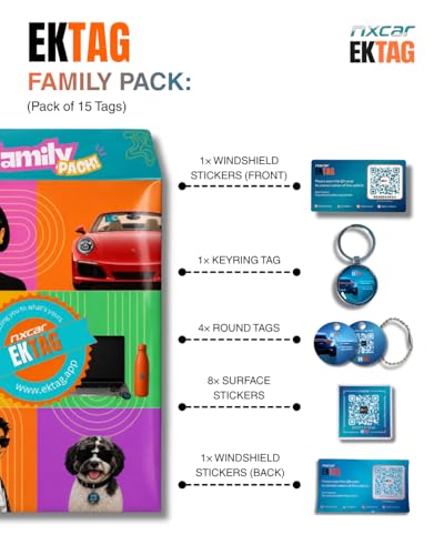 Image of Nxcar EkTag Smart QR Tag (15 Pc Family Pack) | QR Tags for Car, Bike, Phone, Bags, Pets and School Items. Lost Item Finder | 100% Phone Number Privacy | Pack of 15 Tags