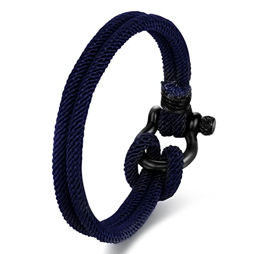 Biyongde Dark Blue Nautical Sailor Rope Wrap Bracelet Wristband Bangle Steel Screw Marine Anchor Shackles, Two-Row #TOP8