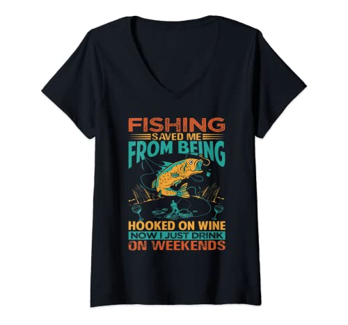 Donna Fishing Saved Me From Being Hooked On Drinking - Funny Maglietta con Collo a V