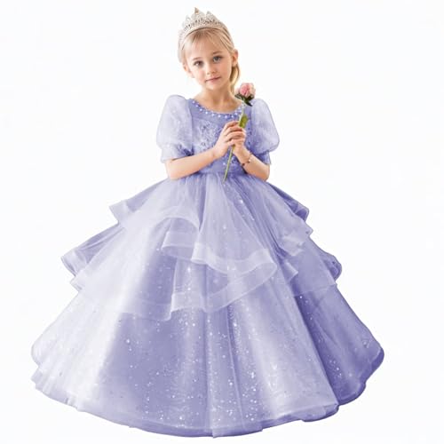Girls A-line Tulle Prom Dress Sparkly Ball Gown with Puffy Sleeves Flower Girl Pageant Party Dresses, Size 2-14