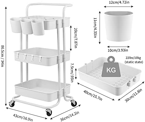 alvorog 3 Tier Rolling Utility Storage Cart Multifunction Trolley with Handles and Roller Wheels Craft Cart for Bedroom, Kitchen, Office, Bathroom (White)
