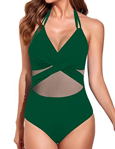 MAYFASEY Traje de baño de una pieza con cuello halter para mujer, A-verde oscuro, S Cover