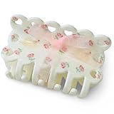 Coquette Floral Patterned Hair Claw Clip with Bows, Pink Floral with Swans, Rectangle Shaped with Scalloped Edges and Heart Shaped Cutouts