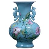 ZHYH Antique Celadon Vase Furnishing Articles Blue Glaze Peony Flower Study Decorative Ceramic Arts