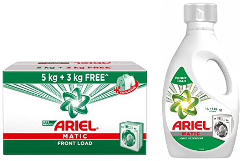 Image of Ariel Matic Front Load Detergent Washing Powder - 5kg Plus 3kg & Matic Liquid Detergent, Front Load, 1 Litre, Pack Of 1