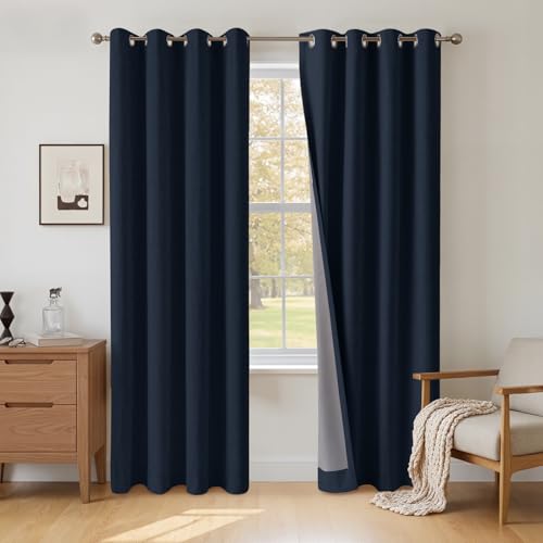 INOVADAY 100% Blackout Curtains 72-Inch Drop - 2 Thermal Insulated Eyelet Panels for Bedroom & Living Room, 46" W x 72" L, Navy Blue