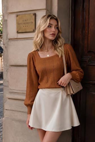 Image of HOTOUCH Sweaters for Women 2026 Fall Trendy Tops Casual Puff Sleeve Square Neck Cute Tunic Pullover Blouses XS-XXL