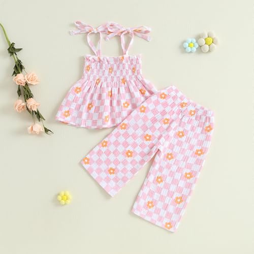 Image of Thorn Tree Toddler Girl Clothes Plaid Printed Sleeveless Pleated Camisole Linen Pants Set Baby Summer Outfits