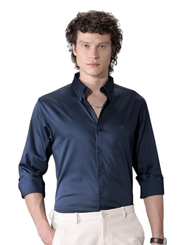 Image of Beyoung Regular Fit Formal Satin Shirt for Men - Navy Blue | Full Sleeves | Men's Stylish Satin Silk Shirt | Formal Shirt | Buttondown Collar