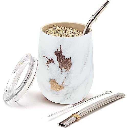 BALIBETOV Kit Calebasse Maté Yerba (Tasse Maté) et Bombilla Maté - Acier Inoxydable 18/8 à Double Paroi - Comprend Deux Bombillas et Une Brosse de Nettoyage (MARBRE D'OR, 1 Unité (Lot de 1))