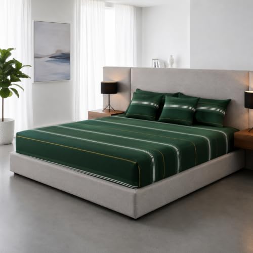 Image of 300 TC Cotton Feel Printed Bedsheet for Double Bed Set || 1 Double Bed Bedsheet Cotton with 2 Pillow Covers (8.3 x 7.5 Feet, Green Stripes)