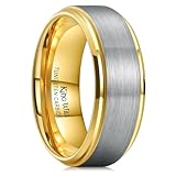 King Will Men's Tungsten Carbide Ring 8mm Gold Inner Polished Beveled Edge Silver Matte Brushed Finish Center Wedding Band 10