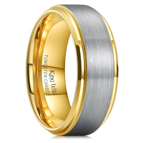 King Will Men's Silver& Gold Tungsten Carbide Ring, 8mm Brushed Surface Polished Step Edge Wedding Band, Comfort Fit, Size 10
