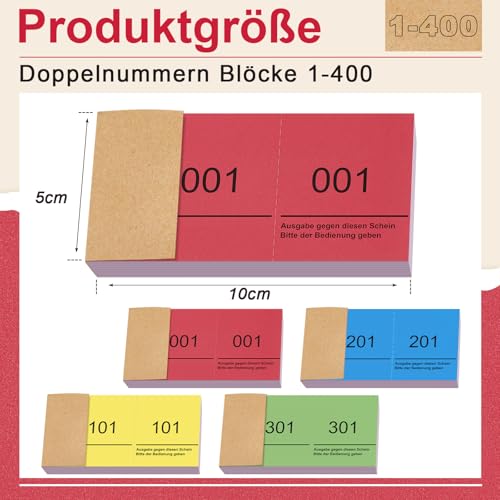 Nezyo Doppelnummern Blöcke 1-400 Tombola Lose Nummernblöcke 4 Farben 10 x 5 cm Nummerierte Abrisse mit Perforation Losblöcke für Garderobe Verlosung Events Messen Eintrittskarten Garderobenmarken