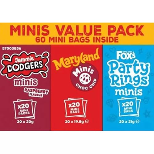 Fox's Mini Biscuit Variety Box, Jammie Dodgers Raspberry, Maryland Choc Chip, Party Rings, 60 Mini Bags