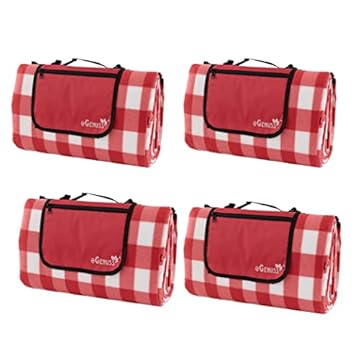 eGenuss Set da 4 Coperta picnic retro impermeabile con tasca, manico e tracolla | Telo picnic plaid ROSSO