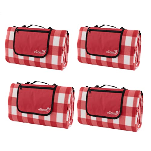 Immagine prodotto: eGenuss Set da 4 Coperta picnic retro impermeabile con tasca, manico e tracolla | Telo picnic plaid ROSSO