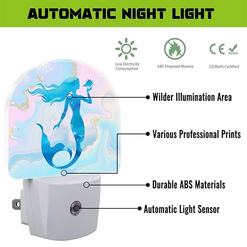 Image of Watercolor Blue Mermaid Night Light for Kids,Pastel Pink Glitter Liquid Marble Plug in Night Light with Dusk to Dawn Sensor, 0.5w Energy Saving Nightlight for Hallway Stairway Kitchen Bedroom
