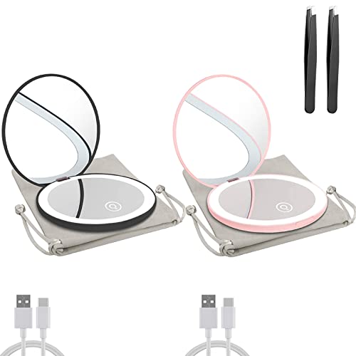 Milishow 2Pc Compact Mirror With Led Light,1X/10X Magnifying Rechargeable Mirror,3.5In Pocket Mirror, Dimmable Travel Mirror For Handbag,Pocket,Handheld 2-Sided Makeup Mirror(Black+Pink) #TOP30