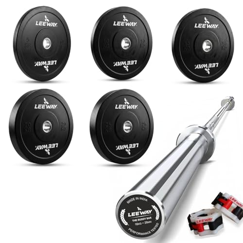 Image of Leeway Olympic Barbell with Bumper Weight Plates | 150 Kg Rubber Weight Plate Set and 7.2 Ft Chrome Gym Bar | Olympic Weightlifting Gym Plates for Home and Commercial (150kg Set (5X2+10X2+15X2+20X2+25X2))