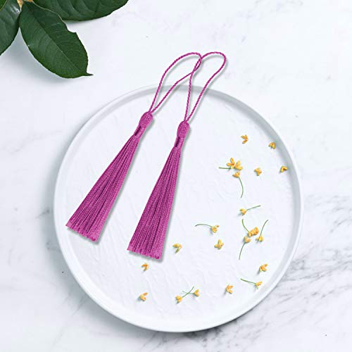 Image of VAPKER 100 Pieces Dark Pink Tassels 13cm /5-Inch Silky Handmade Soft Tassels Floss Bookmark Tassels with 2-Inch Cord Loop for Jewelry Making, DIY Projects, Bookmarks