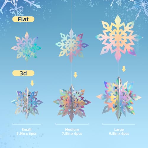 Image of HASTHIP 18PCS Christmas Snowflake Decorations, 3D Iridescent Paper Snowflakes Snow Flakes Garland for Christmas Winter Wonderland Snow White Holiday Birthday Party Decorations