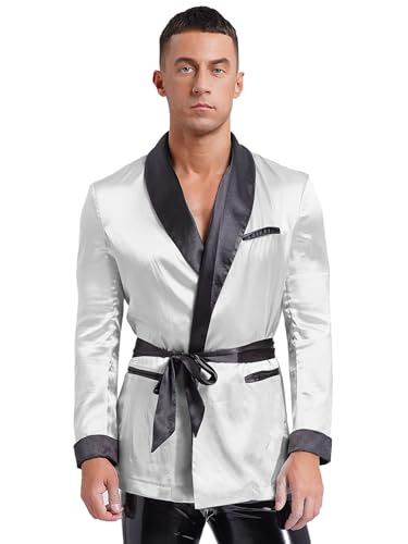 Men's Smoking Jacket Satin Gown Robe Long Sleeve Short Kimono Smoking Robe Coat with Belt