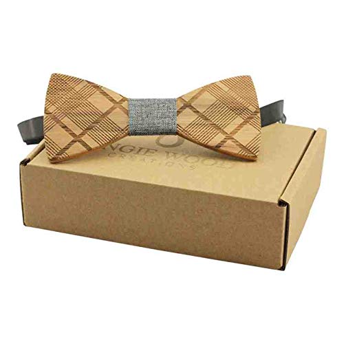 Diagonal Plaid Zebrawood Bow Tie with Grey Denim Centre