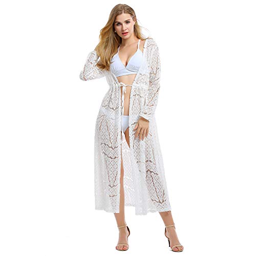 Tyidalin C�rdigans Mujer Maxi Largo Vestido Playa Encaje Verano Camisolas y Pareos Bikini Cover ups (Blanco, Talla �nica)