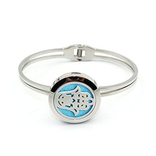 Stainless Steel Aromatherapy Essential Oil Diffuser Hamsa Hollow Pendant Energy Bangle Antiqued Silver Yoga Bracelet 25mm