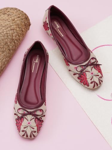 Image of TRYME Floral Embroidered Bow Ballerina Shoes for Women | Lightweight Slip-On Belly Flats | Soft Sole Comfortable Casual Footwear