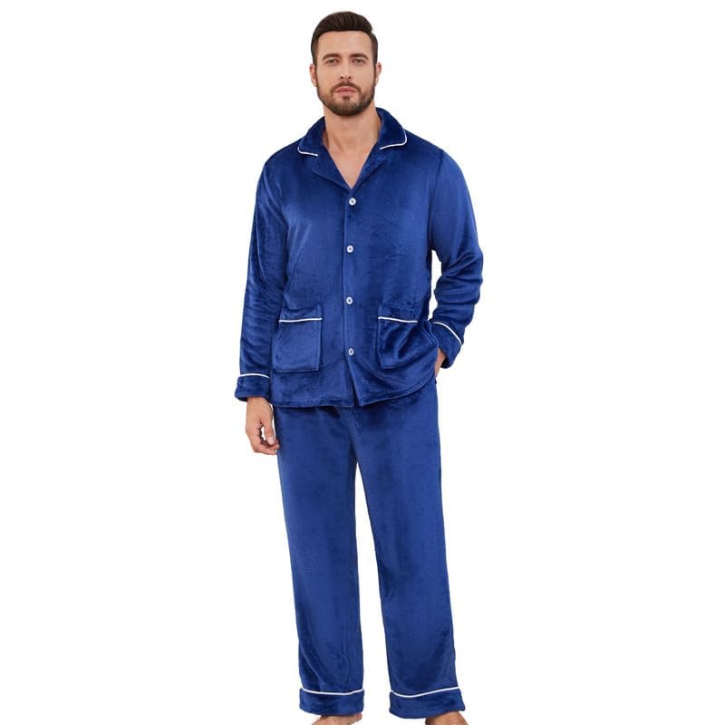 Mens Lightweight Fleece Pajama Set, Long Sleeve Button-Down Soft Comfy Two-Piece Sleepwear Lounge Set2