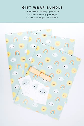 Baby Shower Wrapping Paper Set With Ribbon And Tags - Baby Gift Wrap Bundle - Perfect For Gender Neutral Baby Gift - Rainbow Wrapping Paper Gift Set W/ Qty. 3 Sheets 27” X 39” Folded Baby Gift Wrap (3) + 3 Meters Of Yellow Ribbon & 3 Cloud Baby Gift Tags – Cute Wrapping Paper For Newborn Gift, Baby Shower Wrapping Paper Boy Or Girl #TOP2