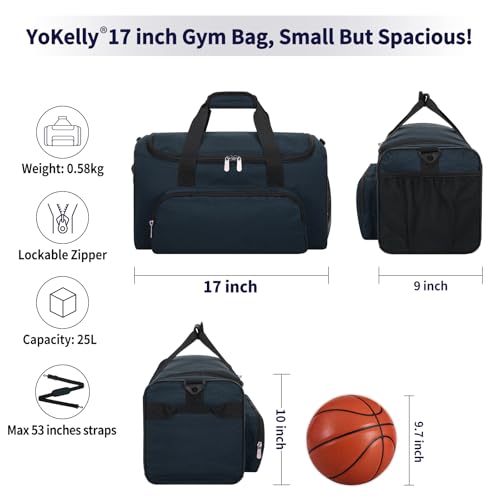 Image of 25L Small Gym Sport Duffle Bag - 17 Inch Weekender Overnight Bag for Travel, Workout, Fitness - Navy Blue