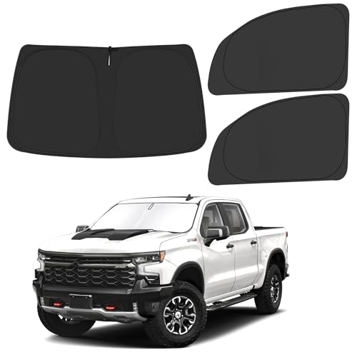 Image of Front Windshield ＆ Side Window Sun Shade for 2019-2025 Chevy Silverado 1500, Double Cab Crew Cab 4Door, Foldable Window Sunshade Sun Visor Protector, Window Shades Blocks UV Rays, Pack of 3