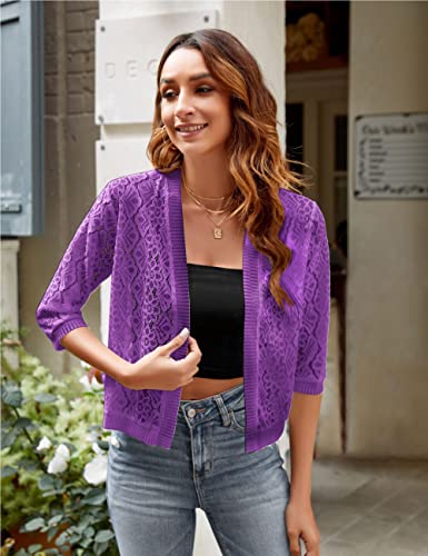 Image of Xunger Women's 3 /4 Sleeve Lace Cardigan Casual Open Front Floral Lace Shrug Summer Cover Up