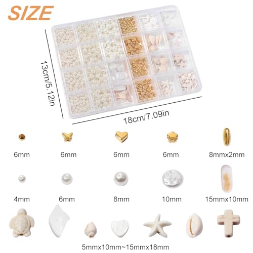 Cuentas de perlas de cristal blanco con dijes de concha y espaciadores elegantes dorados 3