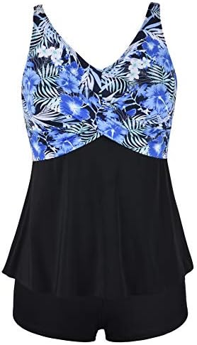 Septangle Women’s Two Piece Swimsuit V Neck Tankini Bathing Suit for Big Bust Plus Size Swimwear with Boy Short