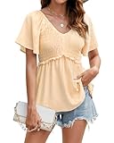HEYTALALA Women's Summer Peplum Tops Ruffle Trim Short Sleeve Casual V Neck Smocked Blouses Dressy Shirt Apricot M