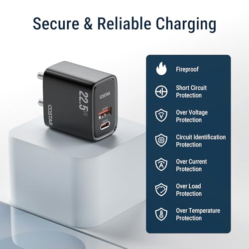Image of COSTAR Original 22.5W Dual Port Charger(USB & Type C) with Type C to C Cable, Fast Charger,Compatible with Samsung Galaxy(Ultra /+ /Fe, S /Z /A /M /F All Series), iPhone & Type-C Devices(Black)