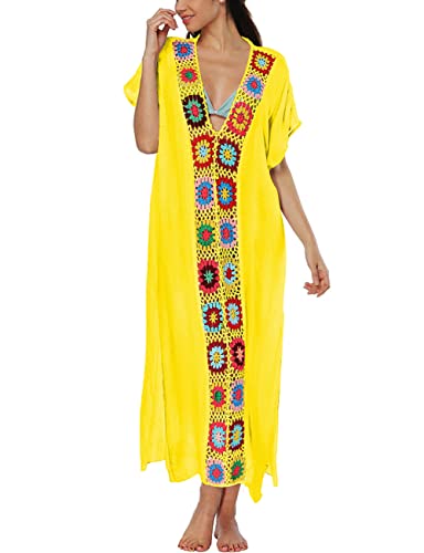 Bsubseach Women Mexican Embroidered Kaftan Dresses Deep V Neck Short Sleeve Beach Side Split Cover Up for Women Caftan Dress