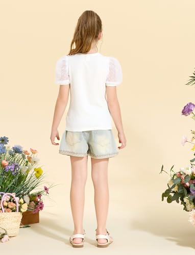 PATPAT Girls Puff Sleeve Shirt Plain Mesh Lace Knit Ribbed Dressy Blouse Summer Tops 2-12 Years4