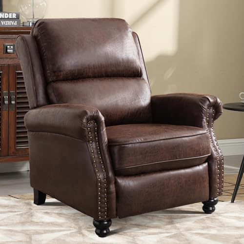 IOMOR Push Back Recliner Chair Faux Leather Lounge Armchair with Rivet Decoration Wingback Single Sofa Chair with Padded Seat Solid Wood Legs for Living Room, Comfy Upholstered, Red Brown