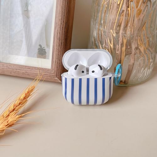 Image of MINSCOSE for AirPods 4 Clear Case,Cute Striped Aesthetic Pattern Design with Trendy Keychain Ring,Soft TPU Protective Shockproof Cover with Cleaner Kit for Girls Women for Airpods 4-Dark Blue