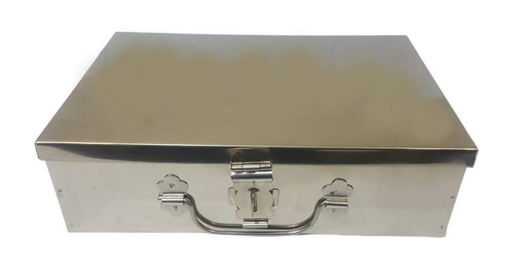 GinoSet® Stainless Steel Storage Boxes,Cash Peti, Pooja Peti,Organizer, Vanity Box, Safe Locker Box 9 inch Storage Box With Handel (Steel) W-9", H-2.90", L-6" Cash Box