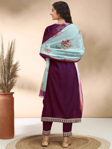 Image of Girls A-line Silk Embroidered Kurta and Pant Set with Dupatta for festive wedding and casual wear