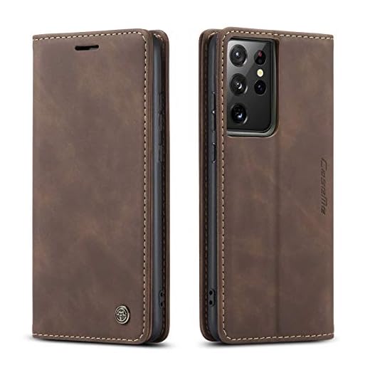 UEEBAI Capa carteira para Samsung Galaxy S21 Ultra, capa de couro PU premium vintage fosca carteira flip [compartimentos para cartões] [fecho magnético] função de suporte fólio proteção total à prova de choque - café
