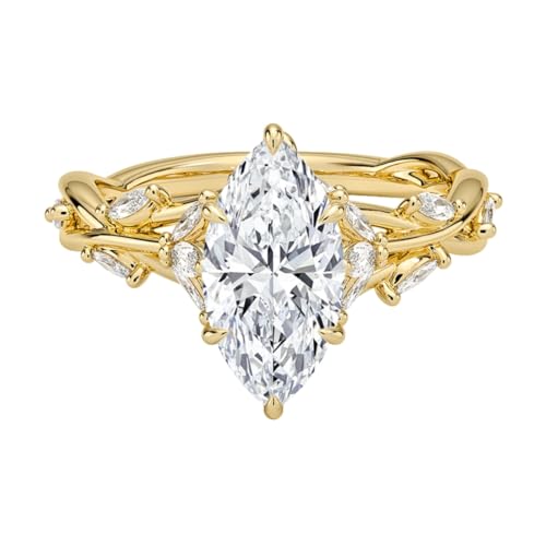 WENOOR 2 Carat Yellow Gold Marquise Cut Moissanite Engagement Ring, Secret Garden, Nature-Inspired Wedding Ring, Solid 10K/14K/18K Gold Anniversary Promise Ring for Her