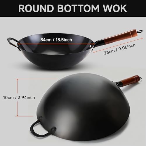 13.5 Inch Carbon Steel Wok Round Bottom, Non Stick Woks, Pre-Seasoned Chinese Wok Hand Hammered for Stir Fry, BBQ, Grill & Camping, Compatible with Gas Stoves & Open Fire Only - Thumbnail 5